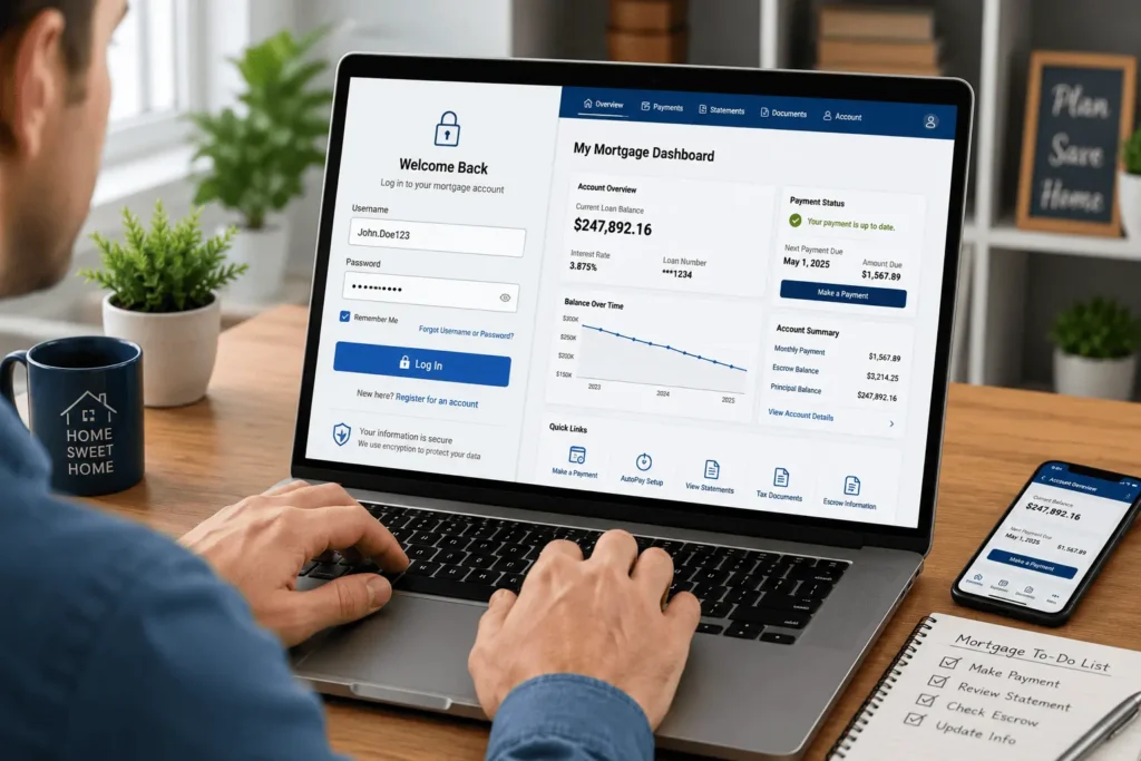 User logging into PHH Mortgage Services account through secure online mortgage portal.