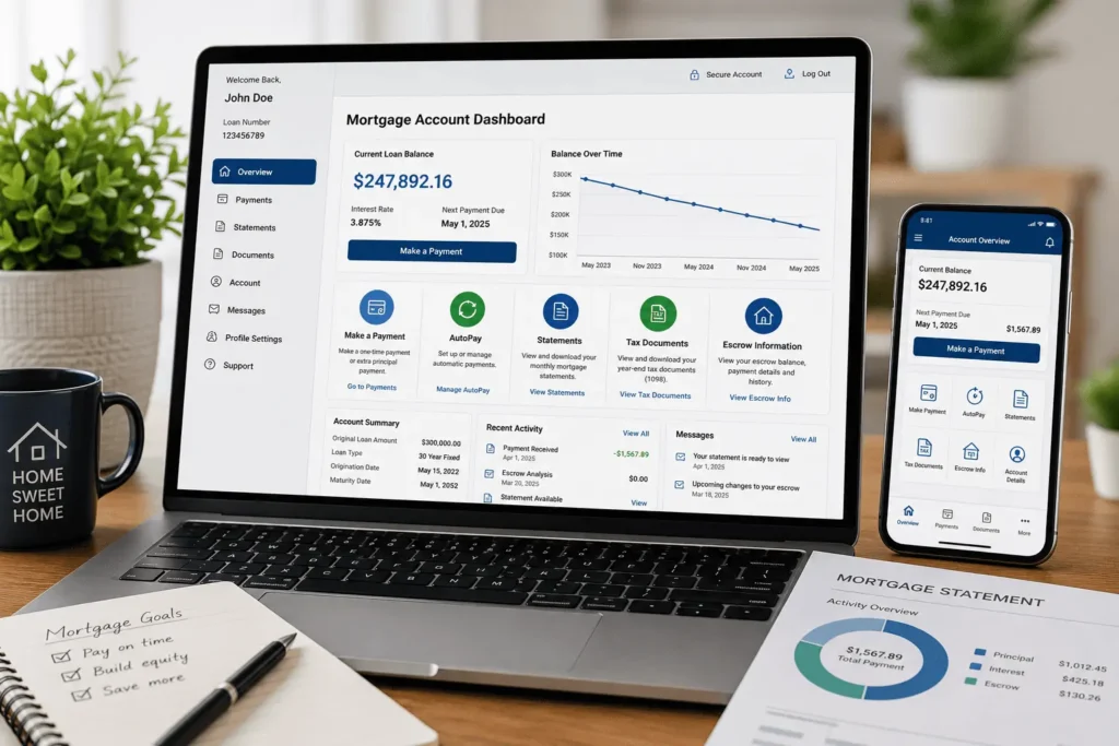 PHH Mortgage Services Login account dashboard with loan balance, payment options, statements, and escrow details.