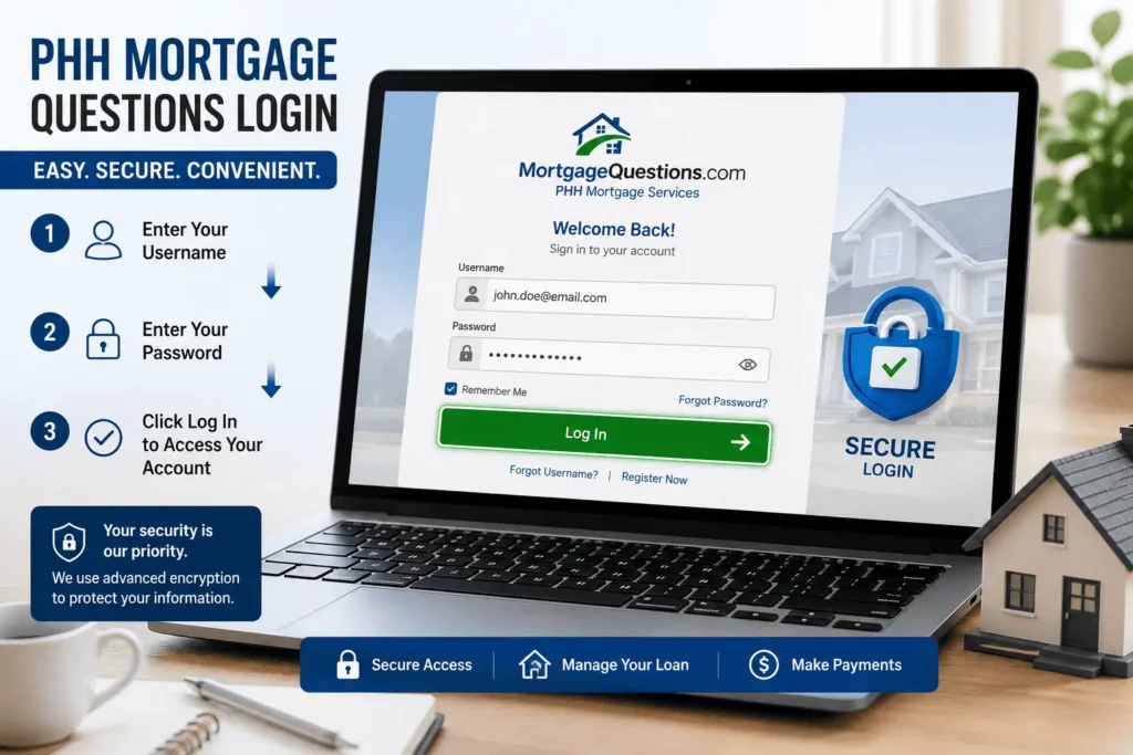PHH Mortgage Questions Login page showing secure sign in process and account access steps online.