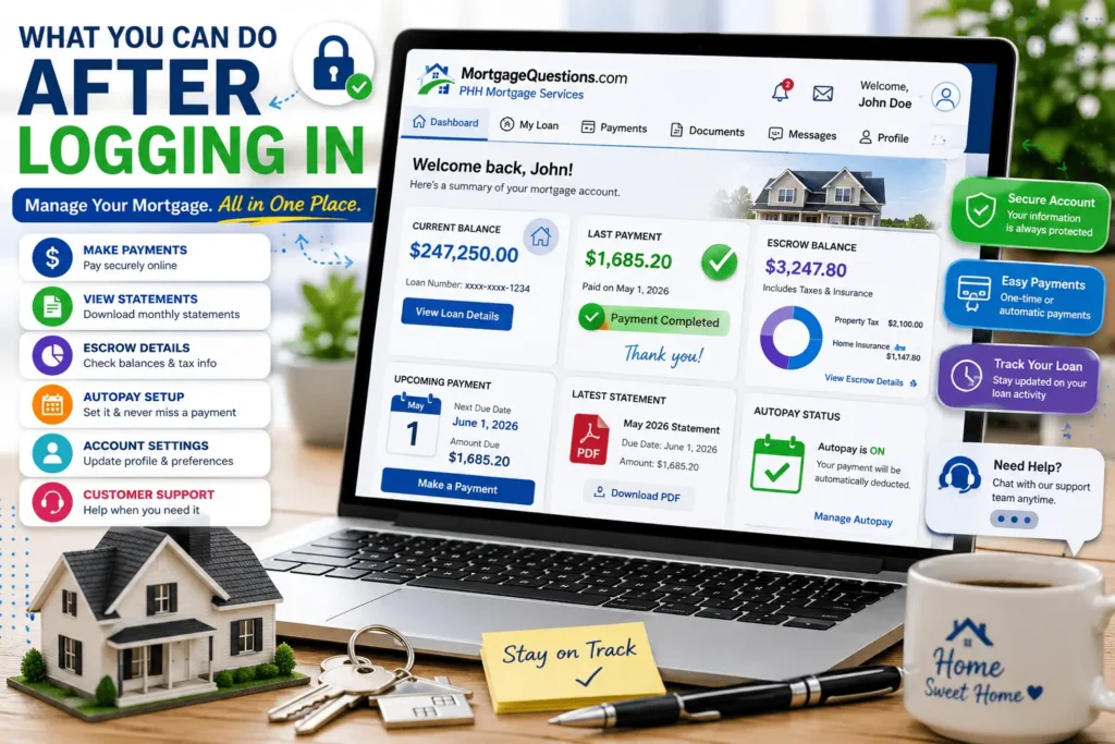 PHH Mortgage Questions Login account dashboard with payment management, escrow details, monthly statements, and autopay features.