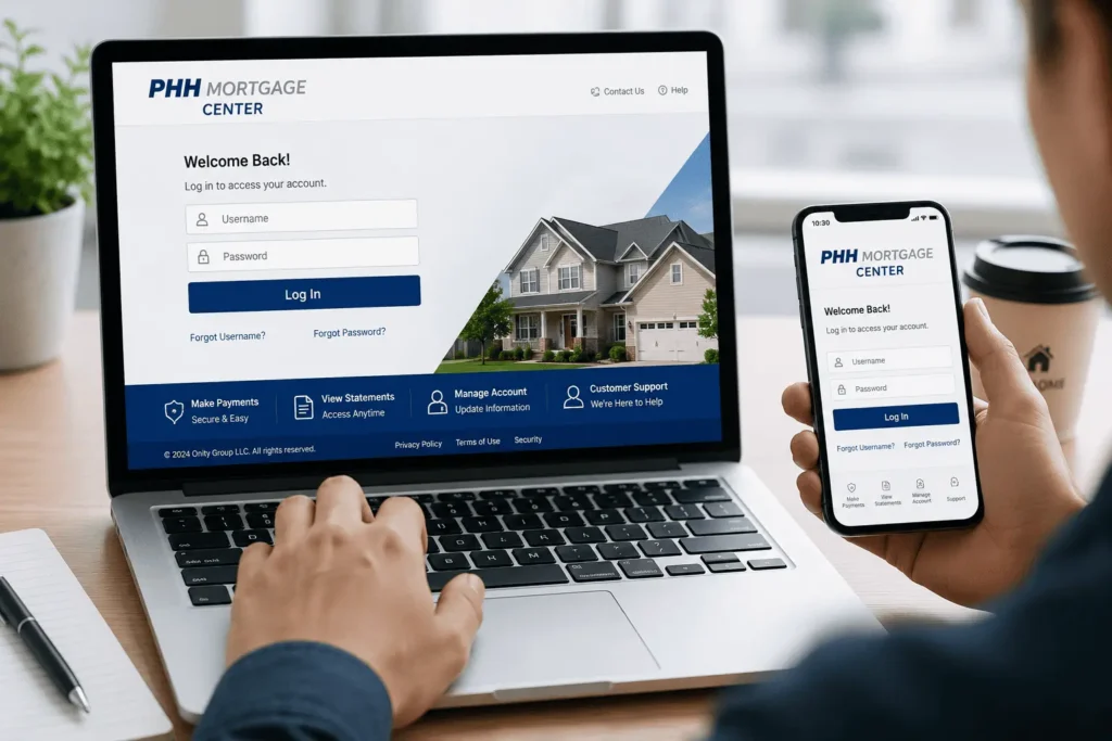 PHH Mortgage Center Login process showing username password entry and secure account sign in