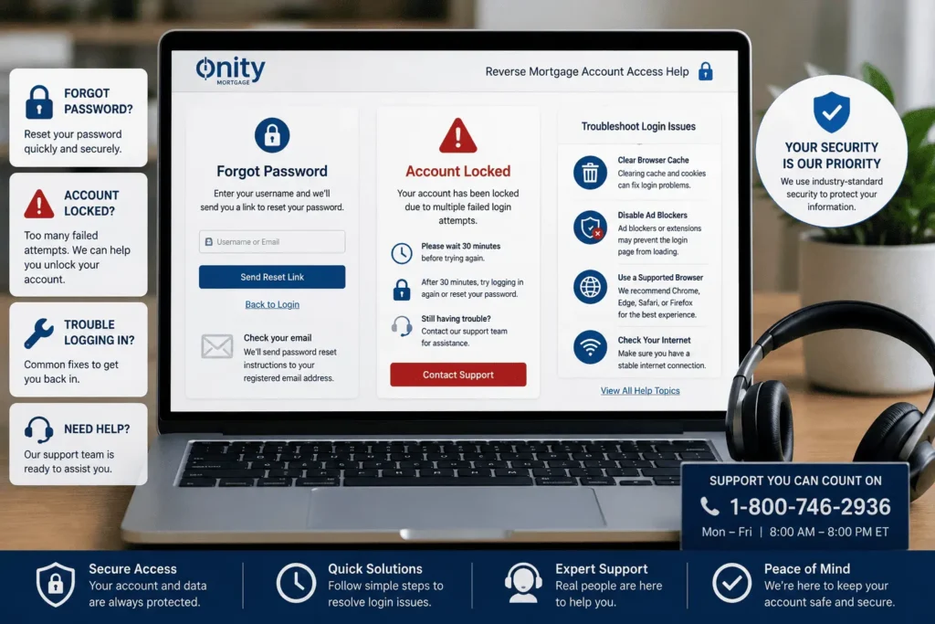 PHH Reverse Mortgage Login help screen with password reset options, login error solutions, account recovery tools, and support resources