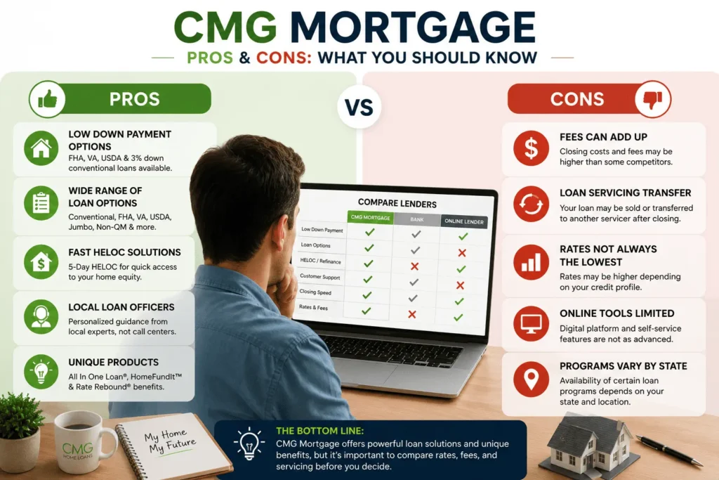 CMG Mortgage comparison guide highlighting pros, cons, loan programs, HELOC benefits, fees, and mortgage rate factors
