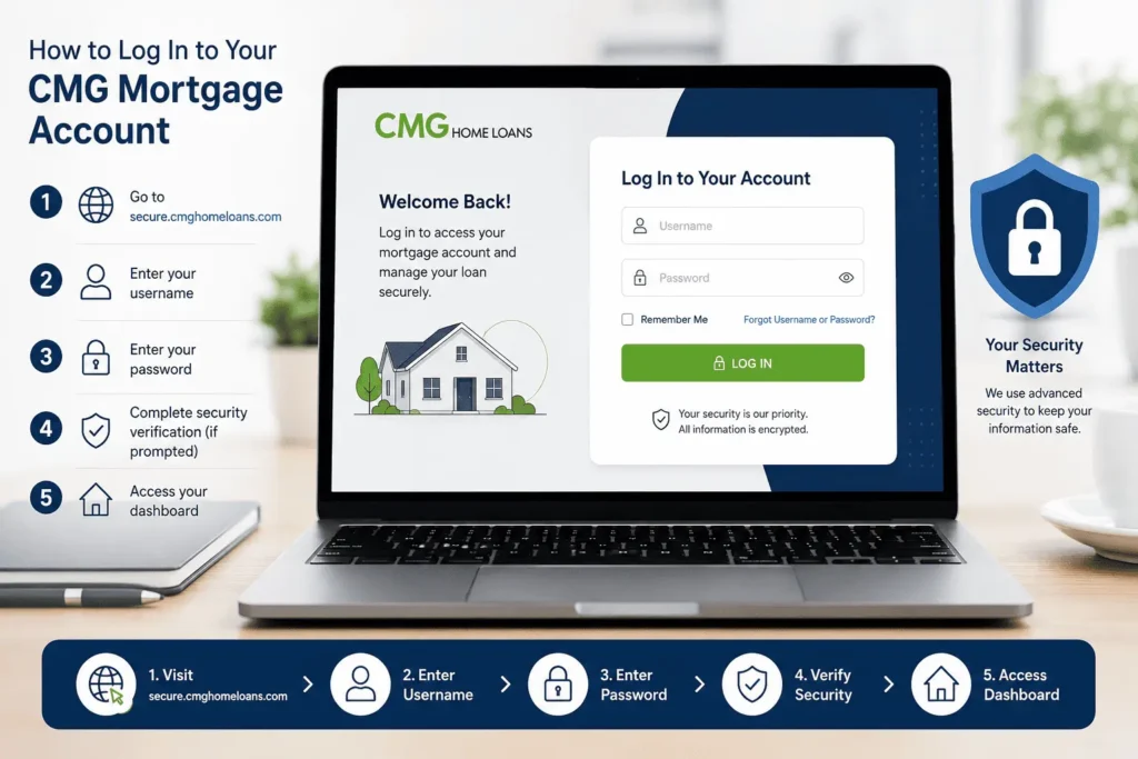 CMG mortgage login page showing secure account sign in, username, password, and safe online loan access steps