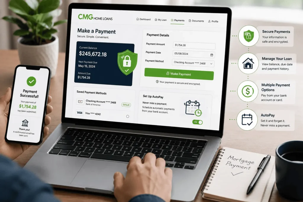 CMG mortgage payment online dashboard showing secure payment, AutoPay setup, and successful loan payment confirmation