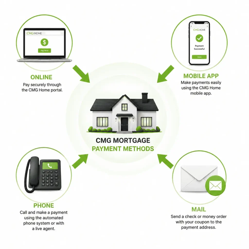 CMG Mortgage Payment methods infographic comparing online, phone, mobile app, and mail payment options clearly