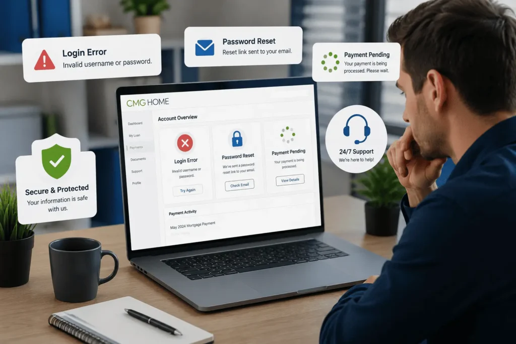 CMG Mortgage Payment login troubleshooting showing payment pending, password reset, and secure account support