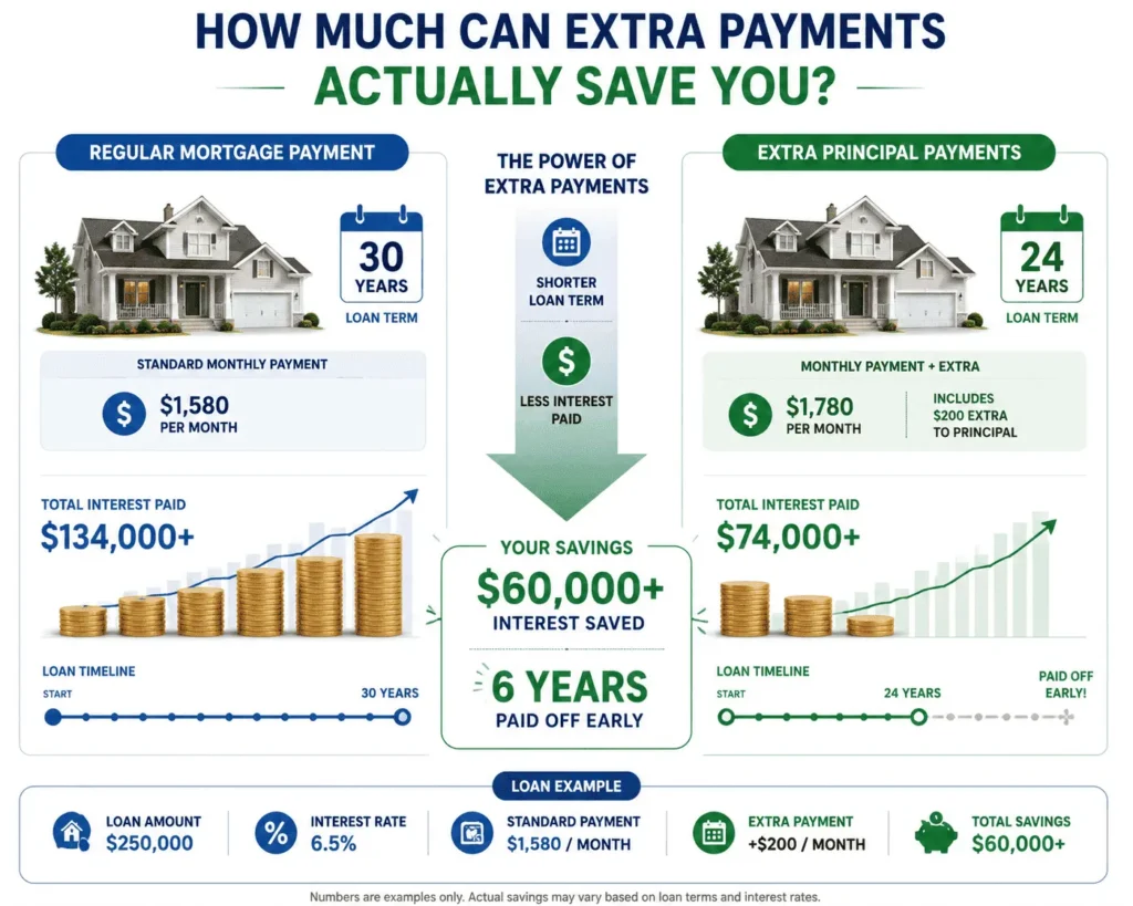 Flat Branch mortgage extra principal payment savings infographic showing loan payoff reduction and interest savings
