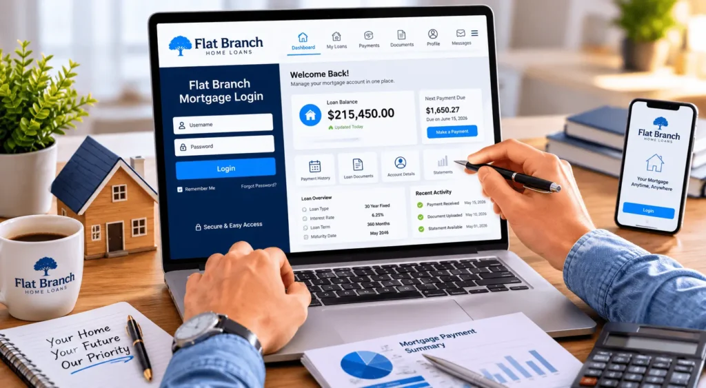Flat Branch mortgage login portal showing loan details, payment options, and account management tools.