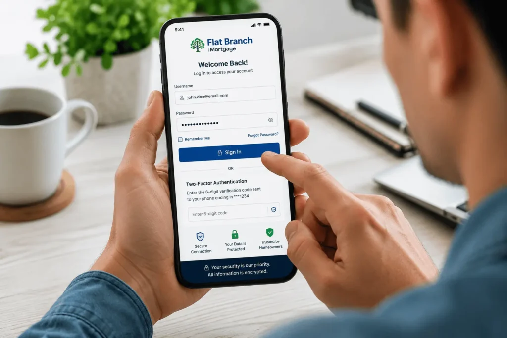Flat Branch Mortgage Login portal on a mobile device with secure sign in and two-factor authentication