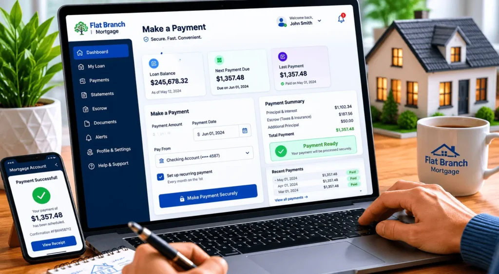 Flat Branch Mortgage Login dashboard with online payment options and recurring payment management