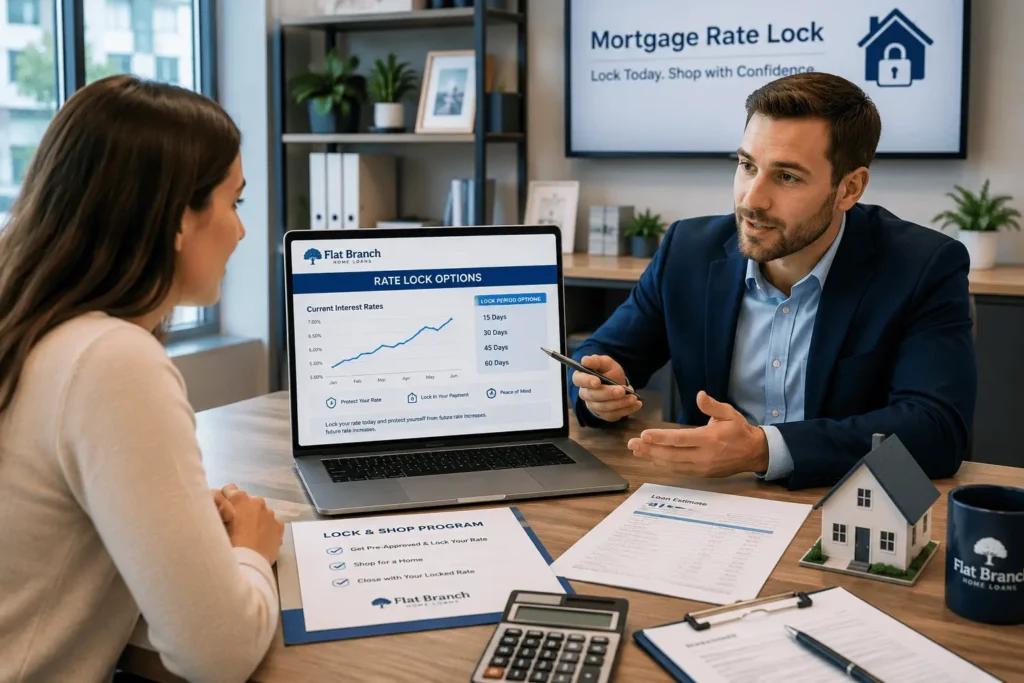 Homebuyer discussing Flat Branch mortgage rates and Lock and Shop rate lock options with a loan officer before securing a home loan.