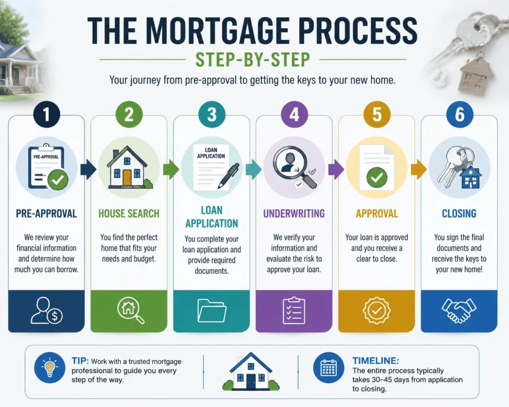 Mortgage process infographic showing pre-approval, application, underwriting, approval, and closing.