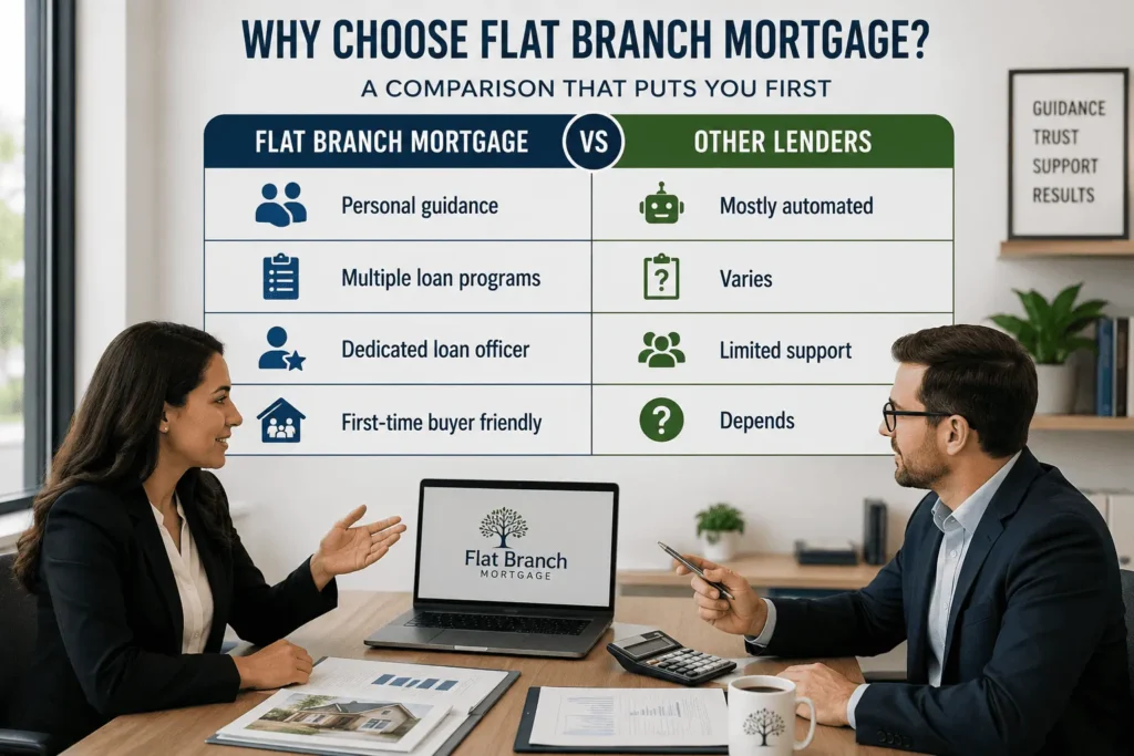 Flat Branch Mortgage vs other lenders comparison showing loan options, personal guidance, and customer support differences.
