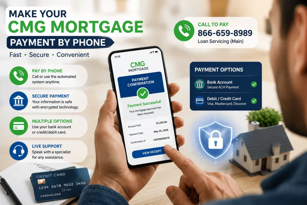CMG Mortgage Phone Number payment by phone with secure payment confirmation, customer support, and banking options