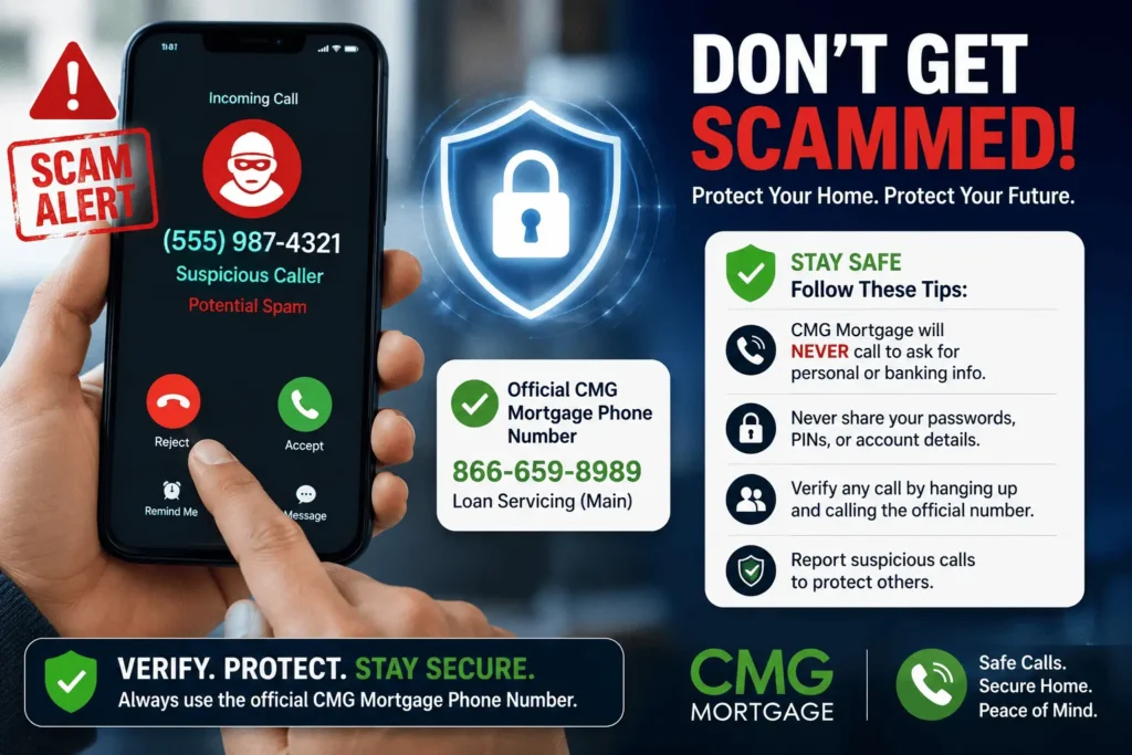 CMG Mortgage Phone Number scam alert showing a suspicious call, verified contact badge, and secure support tips