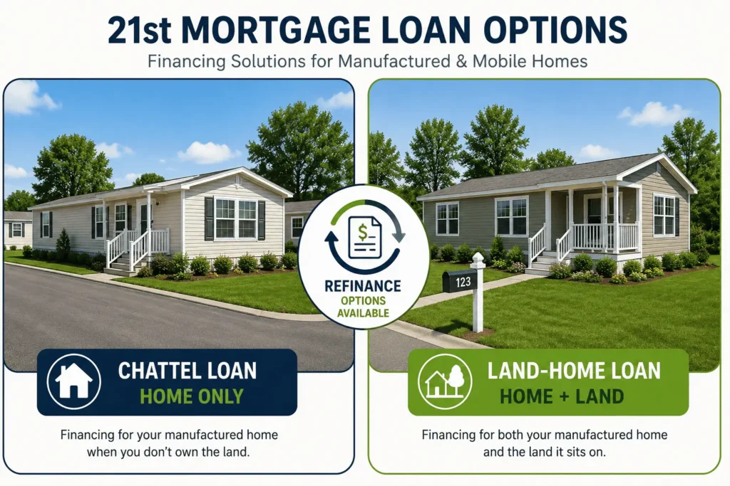 21st Mortgage Review infographic comparing chattel, land-home, and refinance loan options for manufactured homes