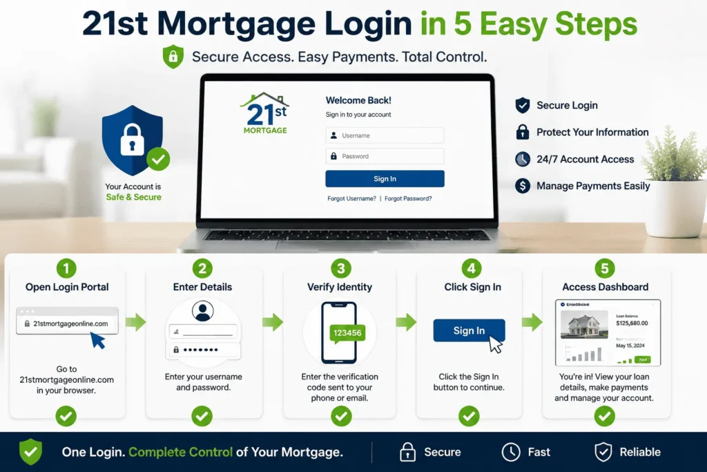 21st Mortgage Login infographic showing five secure steps to sign in, verify identity, and access the dashboard