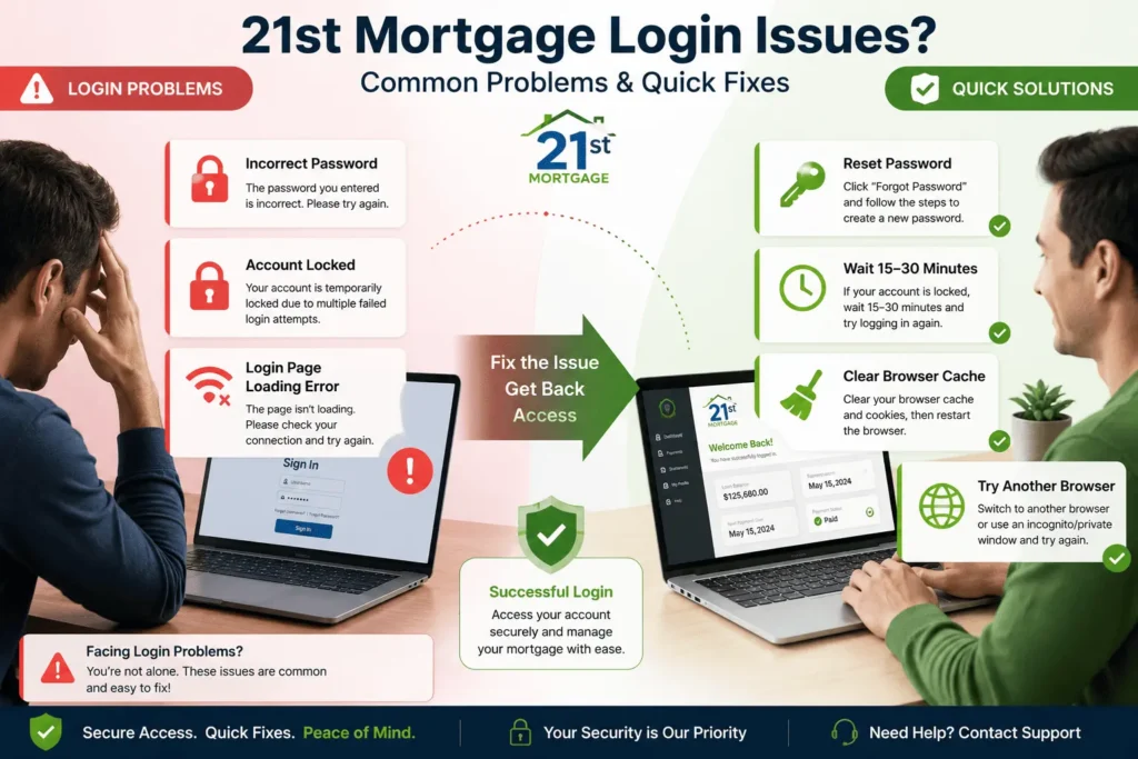 21st Mortgage Login issues infographic with quick fixes for password errors, locked accounts, and browser problems