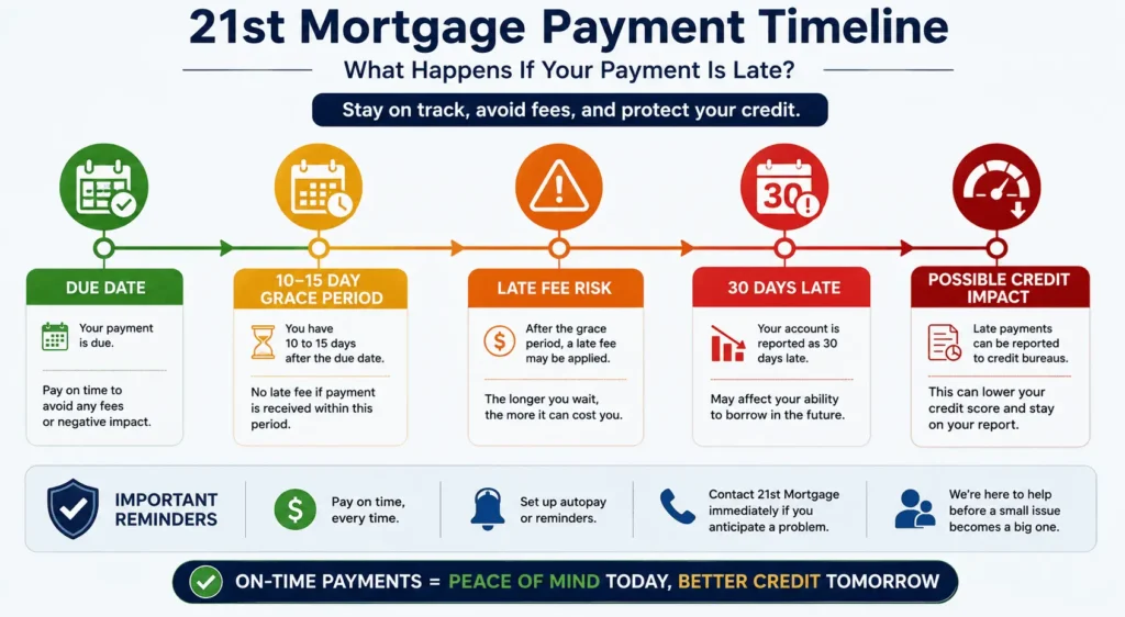 21st Mortgage Payment timeline showing grace period, late fee risk, and possible credit impact after missed payments