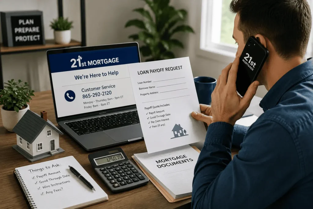 21st Mortgage Phone Number guide showing a homeowner requesting a loan payoff quote with mortgage documents