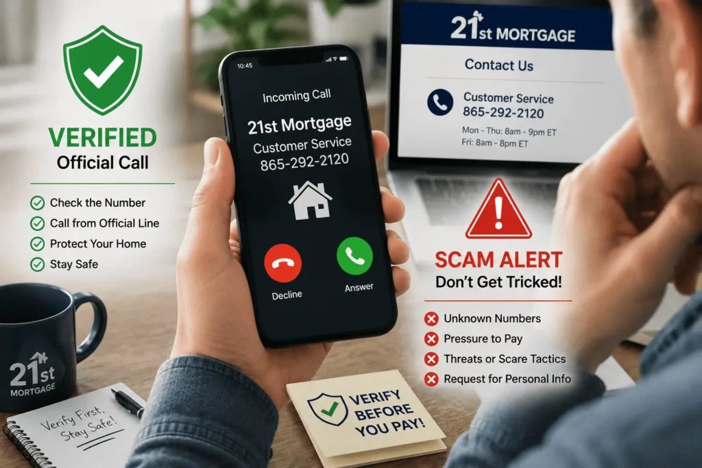21st Mortgage Phone Number verification showing an official call, scam warning signs, and safe contact checks