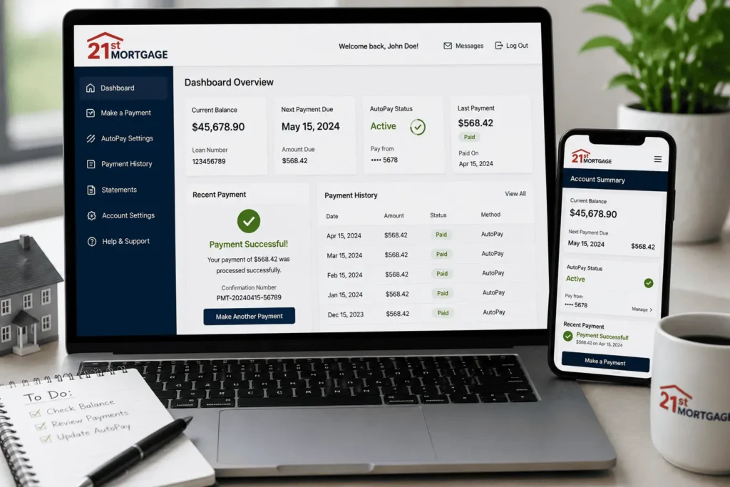 21st Mortgage Payment Portal Sign Up dashboard with online payments, account balance and payment history
