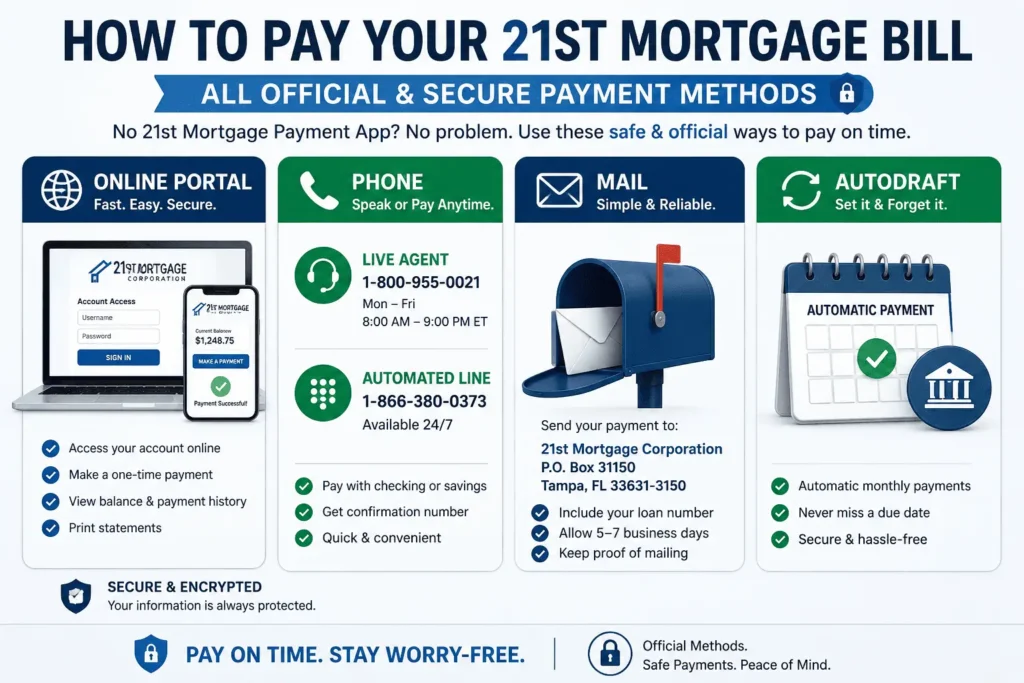 21st Mortgage Payment App guide showing official payment methods including online portal, phone, mail, and autodraft.