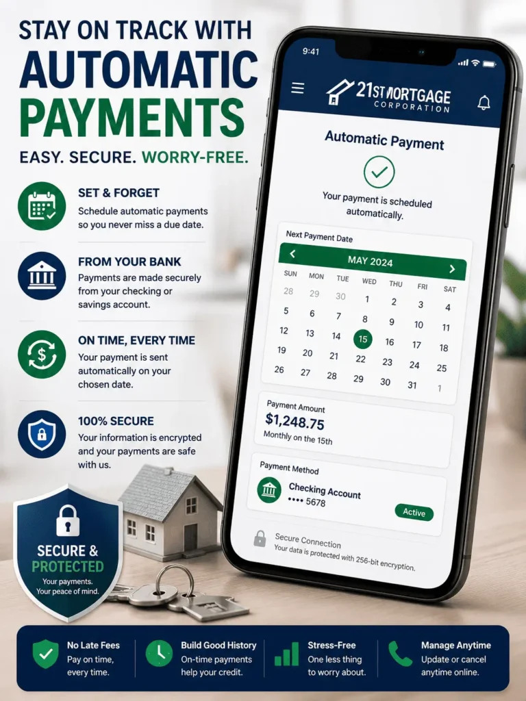 21st Mortgage Payment App alternative showing automatic mortgage payments through secure Autodraft and online account access.