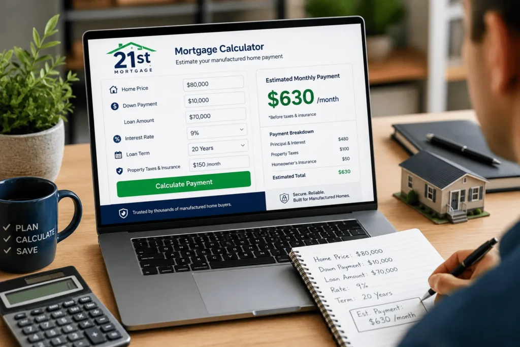 21st Mortgage Calculator displaying a step-by-step monthly payment estimate for a manufactured home loan.