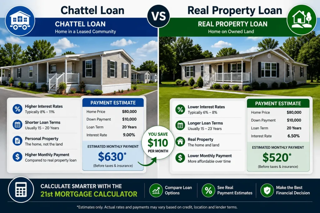 21st Mortgage Calculator comparing chattel loan and real property loan payment estimates for manufactured homes.