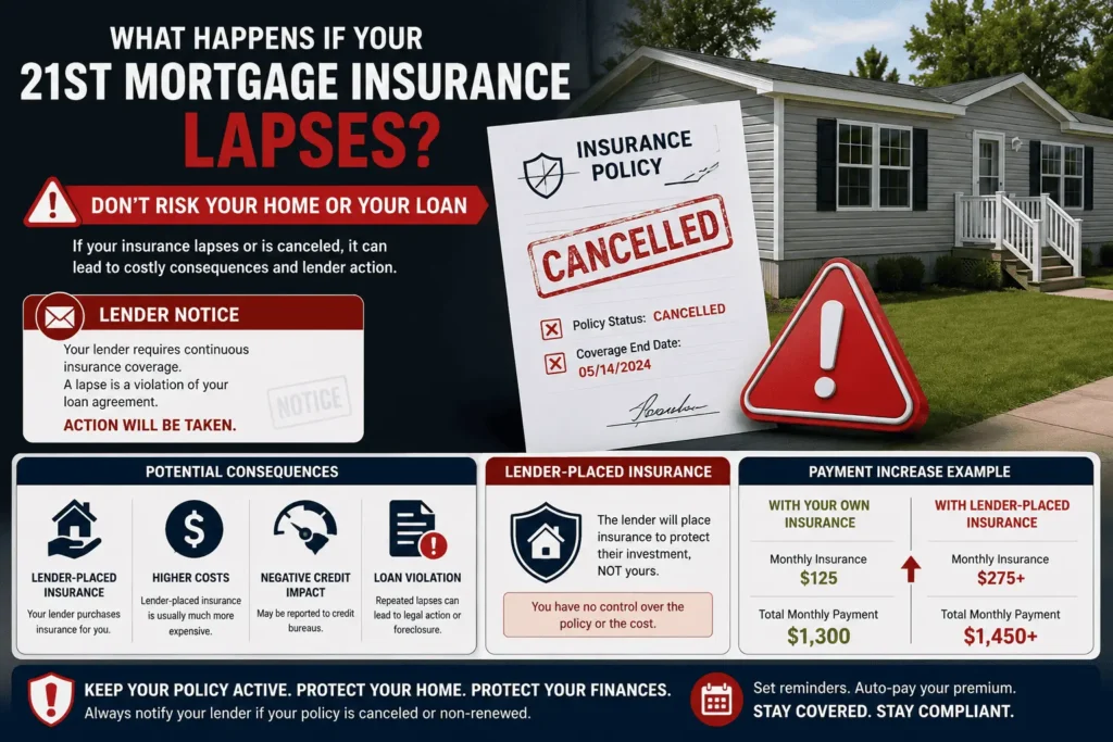 21st Mortgage Insurance lapse warning showing lender placed insurance and higher loan costs