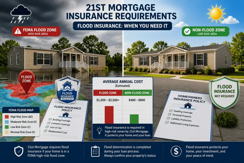 21st Mortgage Insurance Requirements explaining flood insurance rules, FEMA flood zones, homeowners coverage, and insurance costs.