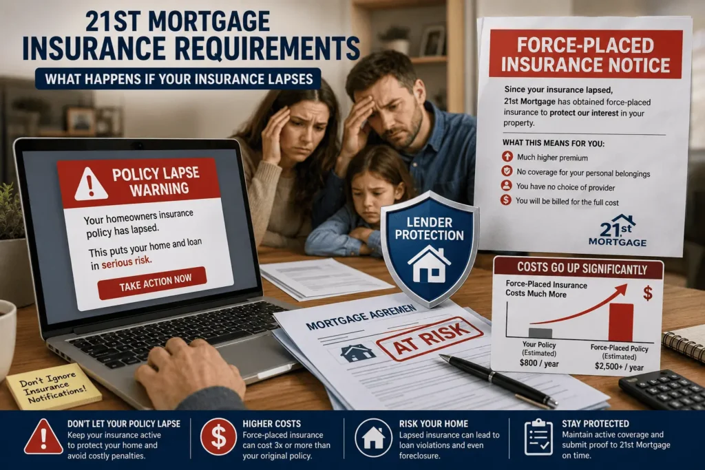 21st Mortgage Insurance Requirements illustrating force-placed insurance, policy lapse consequences, lender protection, and higher insurance costs.