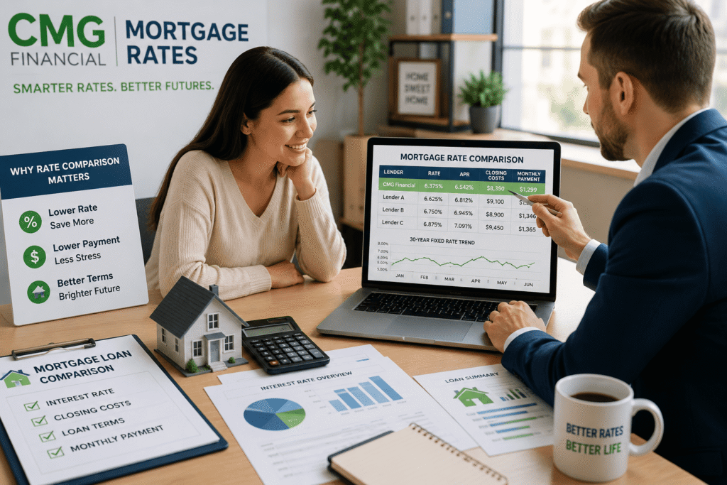 CMG mortgage rates comparison with a mortgage advisor, homebuyer, loan charts, and calculator for smarter savings