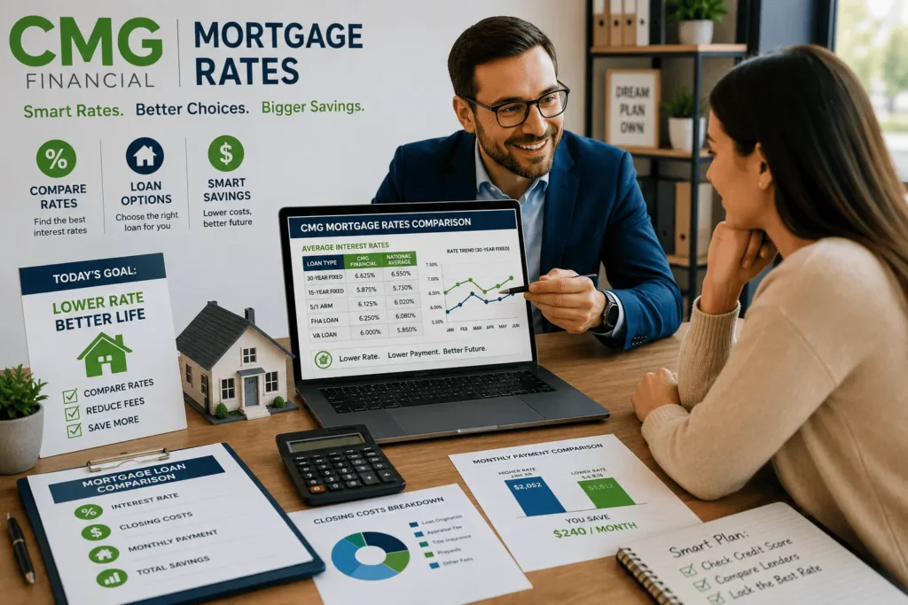 CMG mortgage rates consultation with loan expert, rate comparison, calculator, and home financing documents