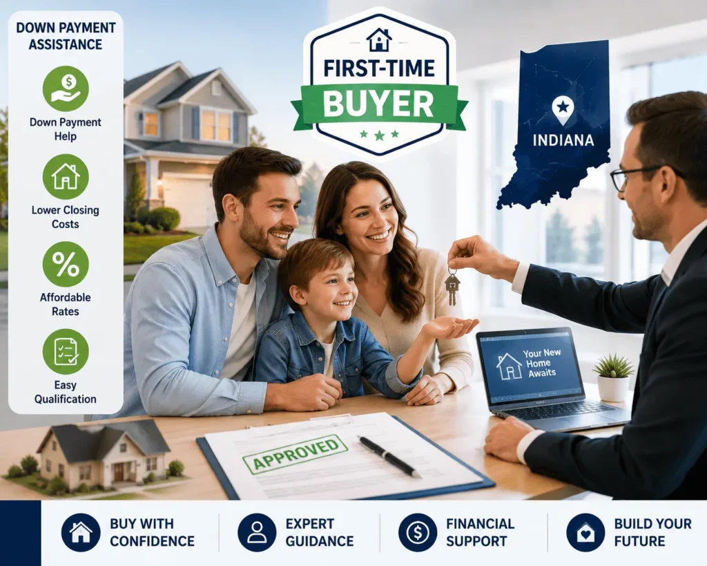 Indiana first-time home buyer programs showing down payment assistance, mortgage approval, and new homeowners.