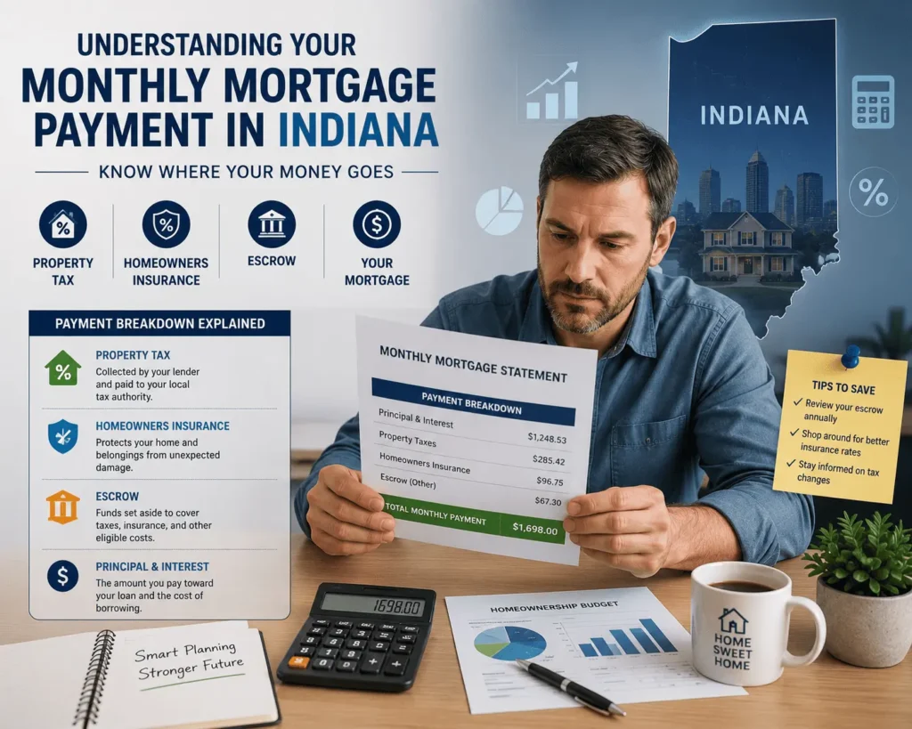 Indiana property tax and mortgage payment breakdown showing escrow, taxes, homeowners insurance, and monthly costs.