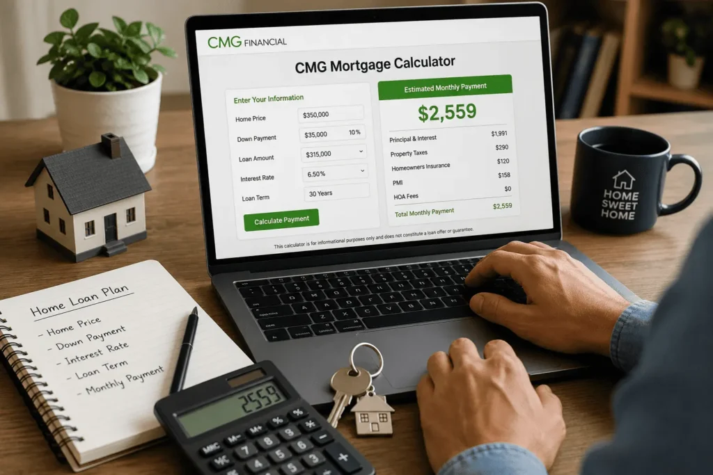 CMG Mortgage Calculator on a laptop helping a homebuyer estimate monthly mortgage payments and loan costs