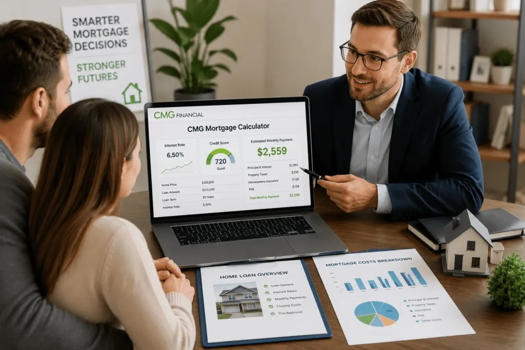 CMG Mortgage Calculator consultation showing a financial advisor helping a couple estimate home loan payments