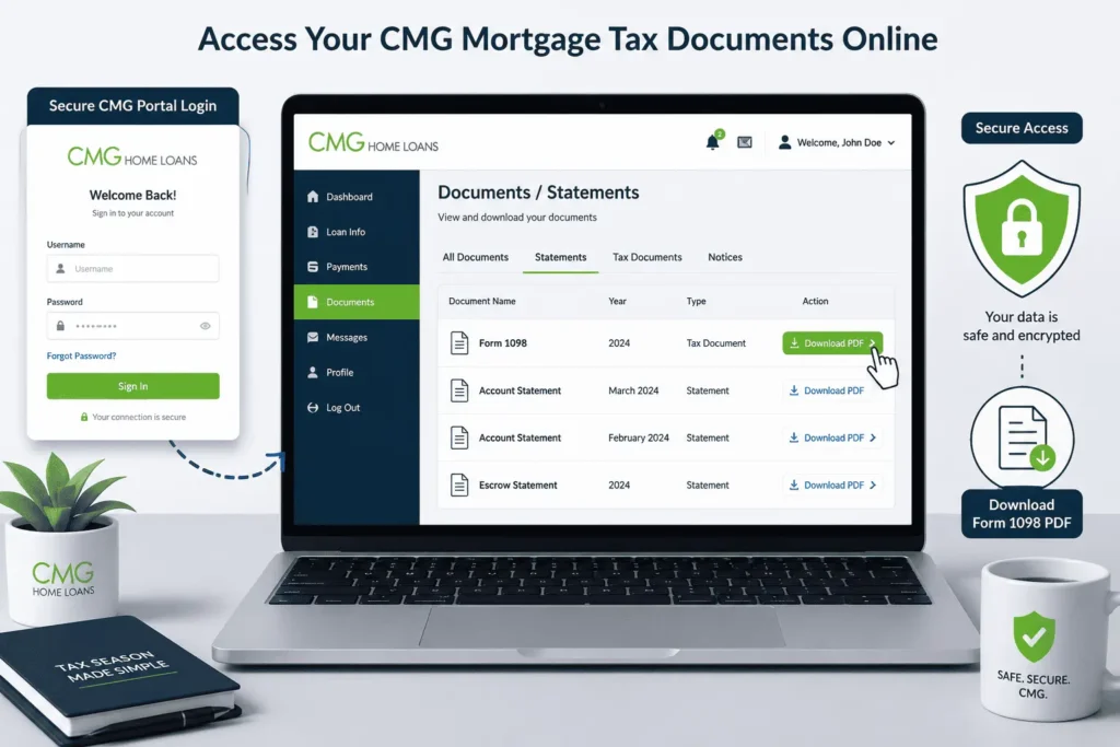 CMG Mortgage Tax Documents portal showing secure Form 1098 download with safe online account access and quick retrieval