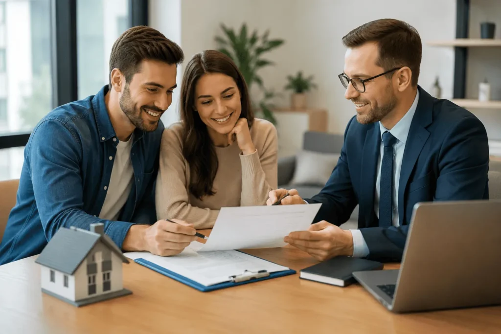 Professional couple discussing home financing with advisor for PHH mortgage services and mortgage loan consultation
