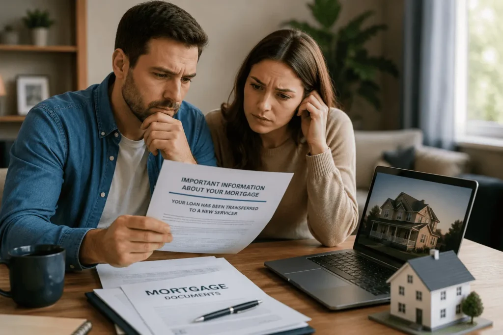 Homeowners reviewing mortgage transfer documents after switching to PHH mortgage services
