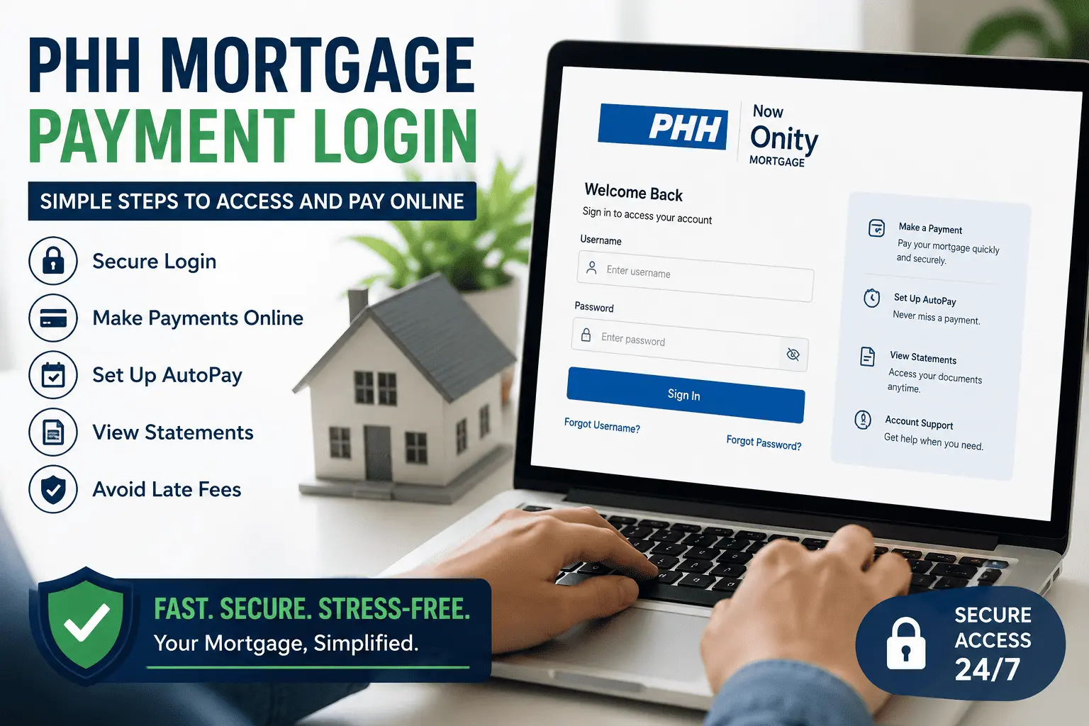 PHH mortgage payment login dashboard on laptop with secure online payment access and mortgage account tools