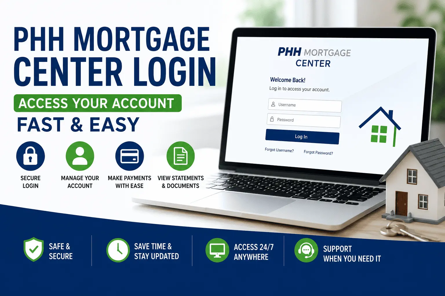 PHH Mortgage Center Login dashboard on laptop showing secure account access, mortgage payments, statements, and online account management