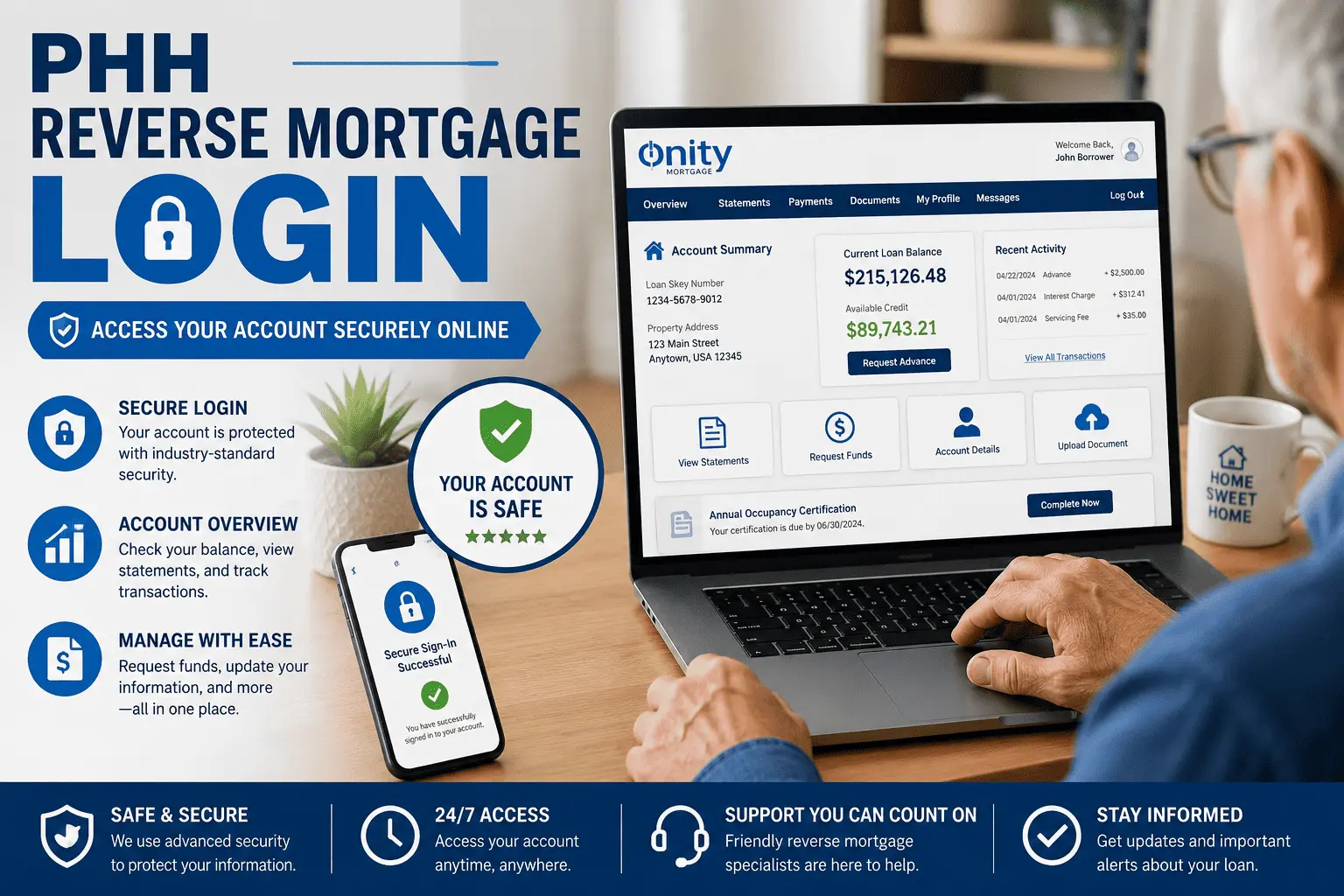 PHH Reverse Mortgage Login dashboard showing secure account access, loan balance, statements, and online reverse mortgage management tools