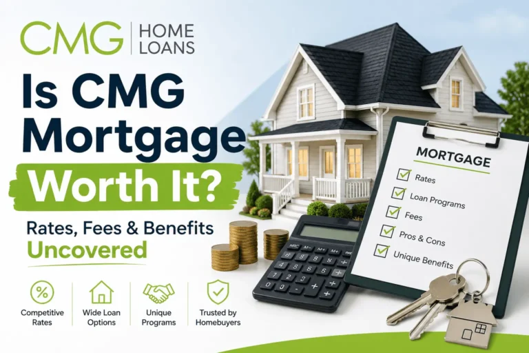 CMG Mortgage review showing home loan rates, mortgage programs, fees, benefits, calculator, house, and mortgage approval checklist