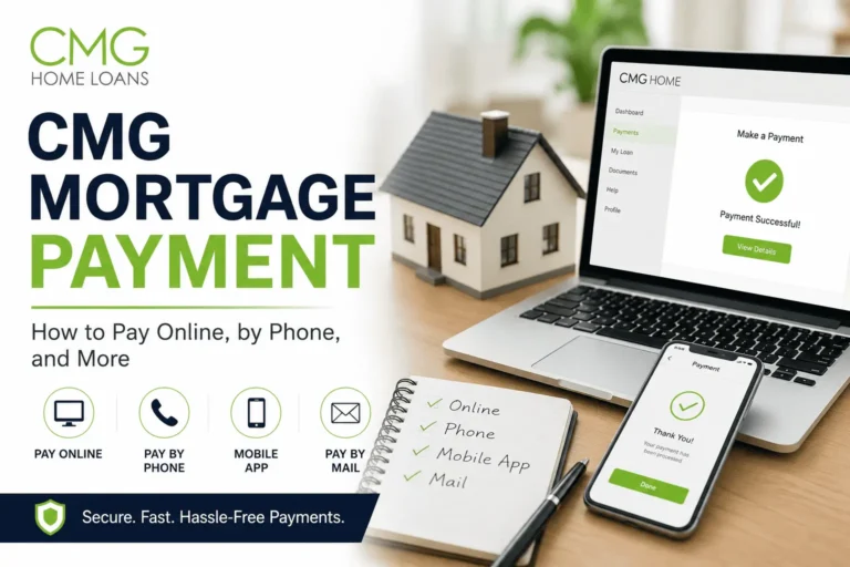 CMG Mortgage Payment guide showing secure online, phone, mobile app, and mail payment options for homeowners