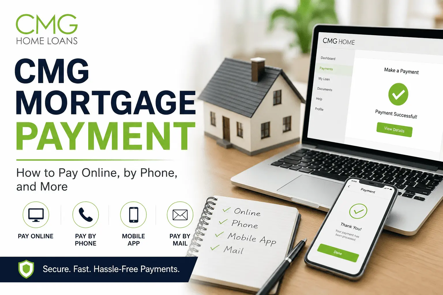 CMG Mortgage Payment guide showing secure online, phone, mobile app, and mail payment options for homeowners
