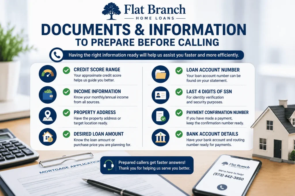 Flat Branch Mortgage phone number checklist with required documents and account information before contacting customer support.